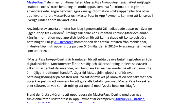 MasterCard lanserar MasterPass In-App Payments för snabb och säker betalning inuti appar