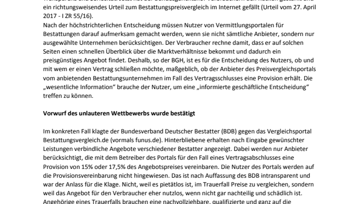 Bundesgerichtshof verlangt Ehrlichkeit bei Bestattungsvermittlung im Internet