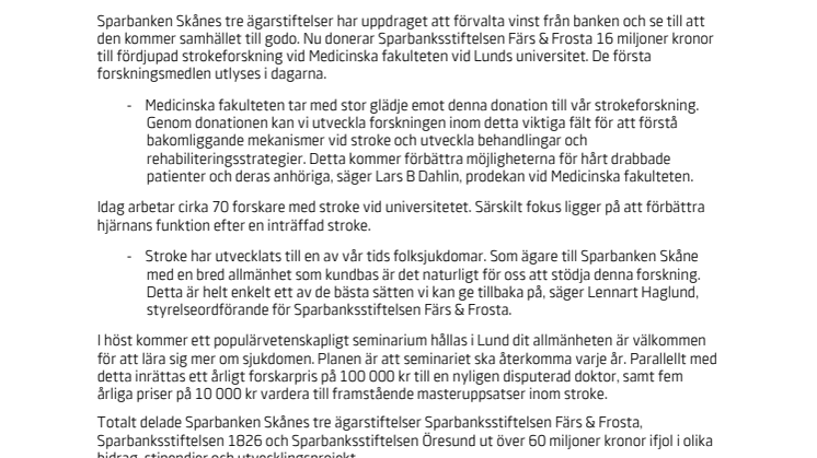 Sparbanksstiftelsen Färs & Frosta donerar 16 miljoner till forskning om stroke