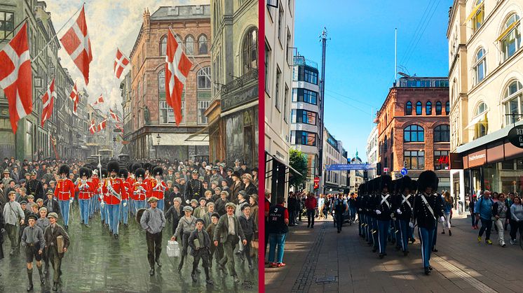 The Royal Guard on the pedestrian shopping street “Strøget” – then (1925) and now (2017).