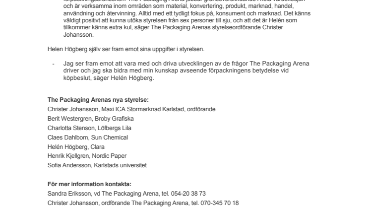 Helén Högberg ny ledamot i The Packaging Arenas styrelse