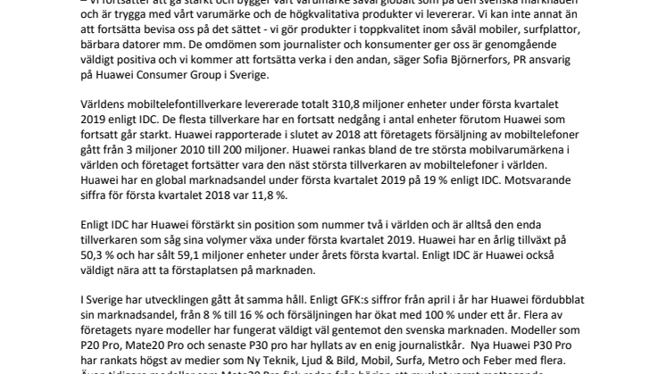 Huawei har dubblat sin svenska marknadsandel på ett år