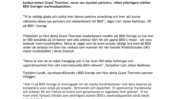 BDO Sverige växer och attraherar senior kompetens från Grant Thornton