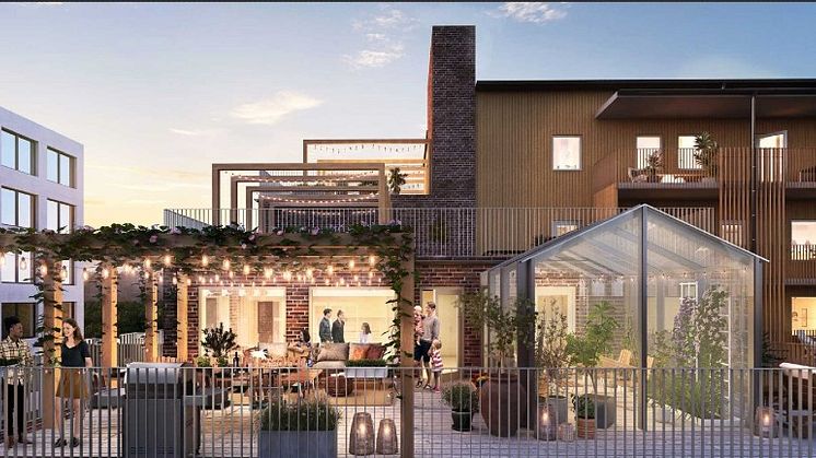 Brf Kronomagasinet kommer bland annat att få ett eget växthus och en härlig terass för sociala aktiviteter.