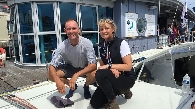 Pip Hare and Paul Larsen on board 'Superbigou' at Poole Boat Show