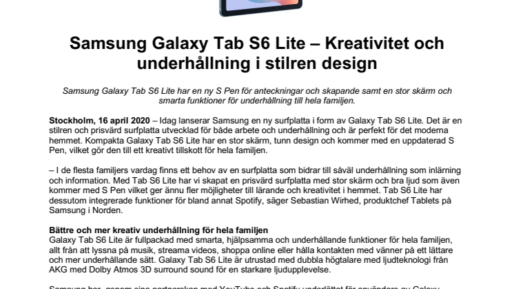Samsung Galaxy Tab S6 Lite – Kreativitet och underhållning i stilren design