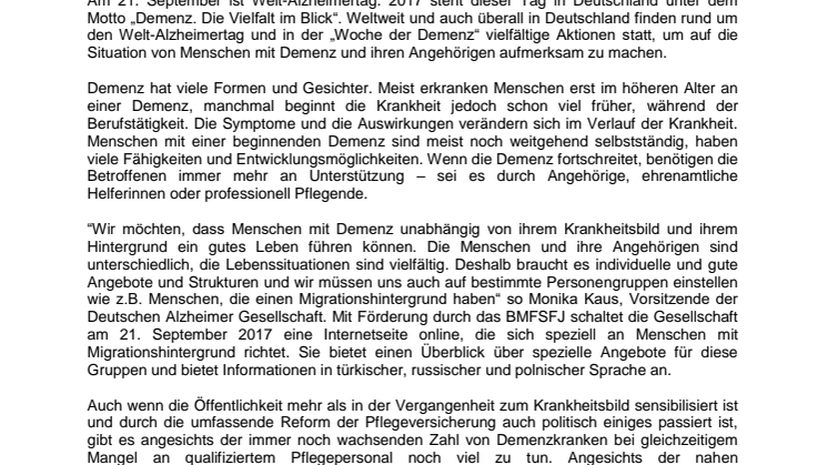 „Demenz. Die Vielfalt im Blick“ - Gemeinsame PM von DAlzG, DGGPP und Hirnliga zum Welt-Alzheimertag