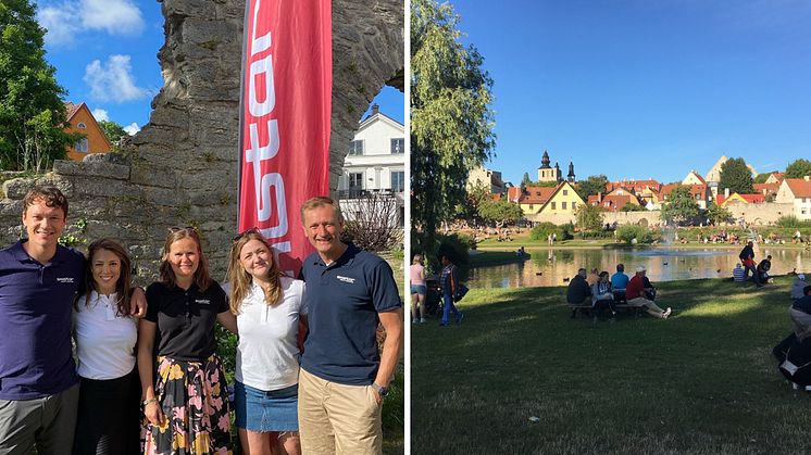 SkiStar team Almedalen, från vänster: Nils van der Poel (ambassadör), Fanny Sjödin (hållbarhetschef), Petra Hallebrant (kommunikations- och hållbarhetsdirektör), Jennie Halvarsson (koncernassistent) och Stefan Sjöstrand (vd).