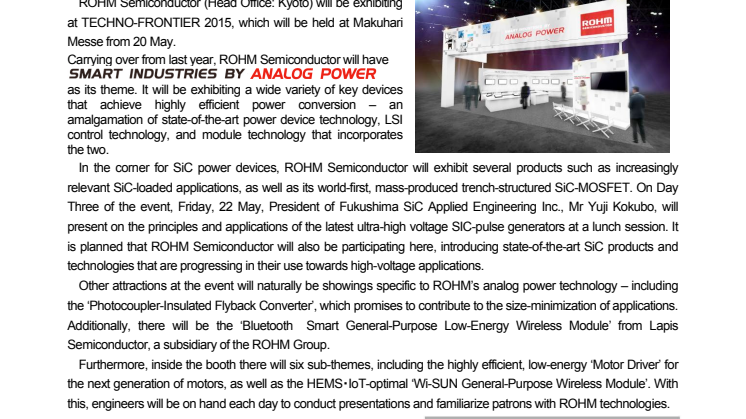 SMART INDUSTRIES BY ANALOG POWER -- Exhibiting at TECHNO-FRONTIER 2015, ROHM Semiconductor to Reveal Several Key Devices that Make Reduced Size and Energy Usage of Industrial Equipment a Reality 