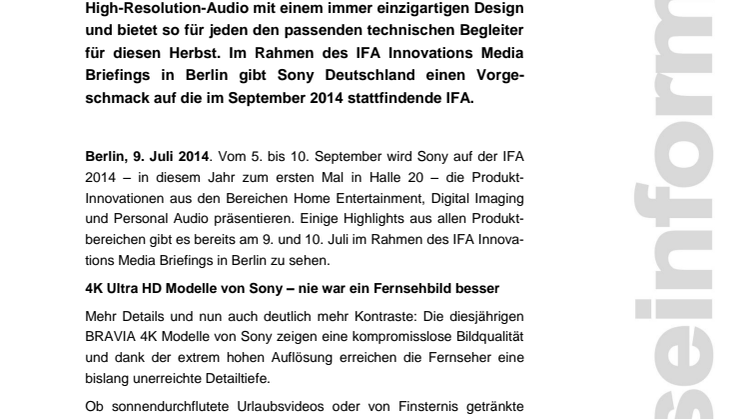 Sony Deutschland präsentiert innovative Produktneuheiten