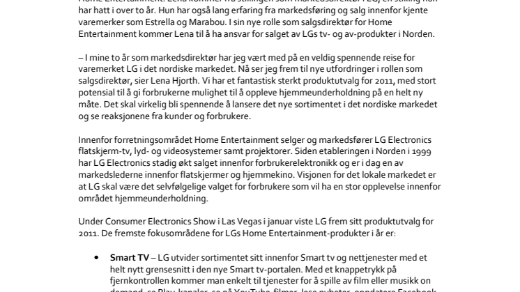 Lena Hjorth blir ny salgsdirektør for Home Entertainment i LG Electronics i Norden