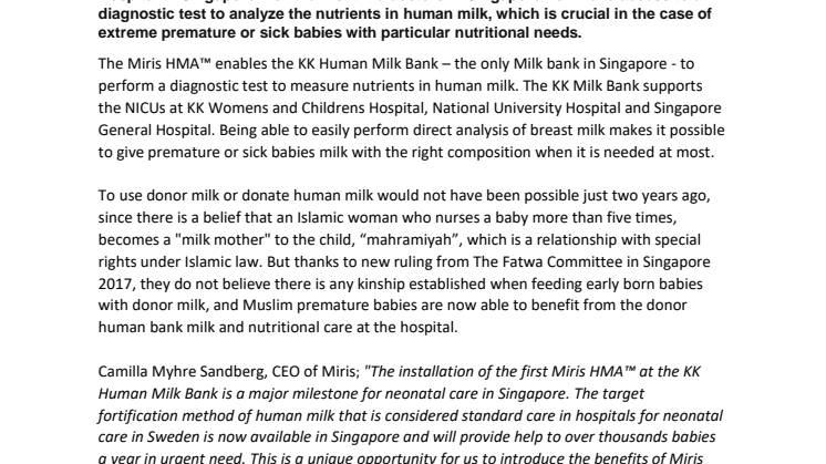 Miris HMA™ installed in Singapore to provide invaluable help for premature babies