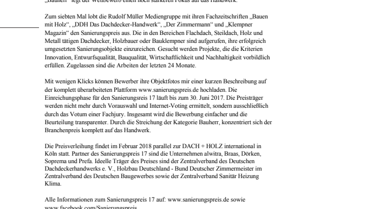 Sanierungspreis 17 ausgelobt