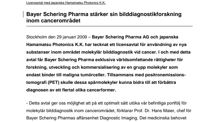 Bayer Schering Pharma stärker sin bilddiagnostikforskning inom cancerområdet
