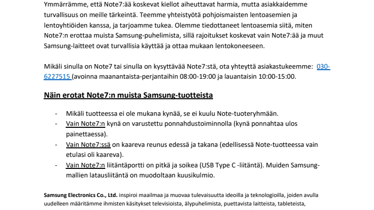 Tietoa Note7:stä ja lentämisestä