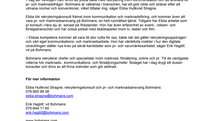 Bohmans Nätverk värvar Ebba Hultkvist Stragne