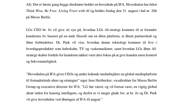 LGs CEO og tekniske direktør præsenterer ambitiøs strategi for ThinQ AI som hovedtaler ved åbningen af IFA 2018