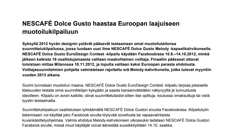 NESCAFÉ Dolce Gusto EuroDesign Contest -tiedote PDF-muodossa