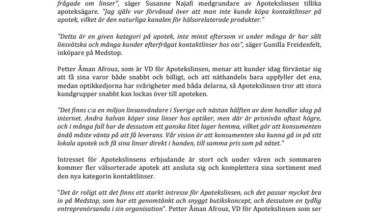 Nu är det möjligt att köpa kontaktlinser på apotekskedjan Medstop!