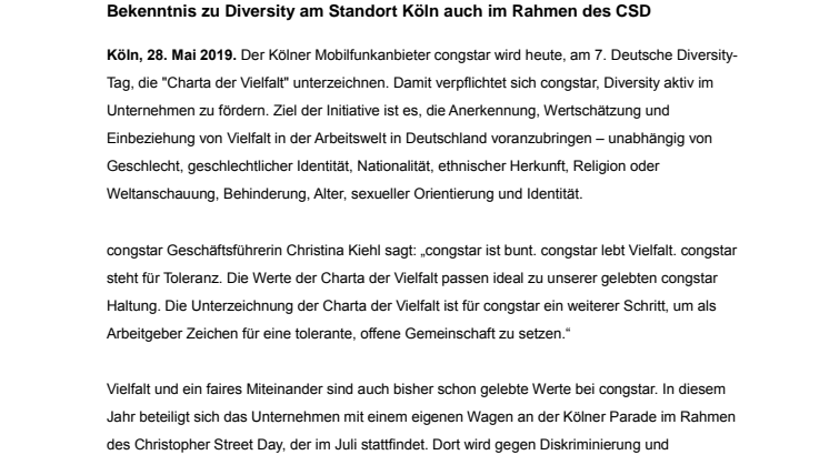 congstar unterzeichnet Charta der Vielfalt