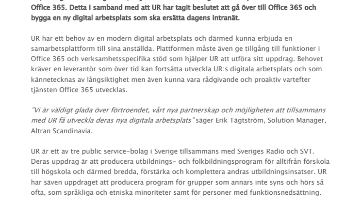 UR väljer Altran som strategisk Office 365-partner