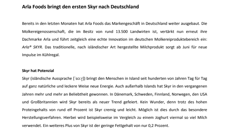 Arla Foods bringt den ersten Skyr nach Deutschland