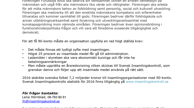 Föreningen Furuboda Åhus har beviljats 90-konto 