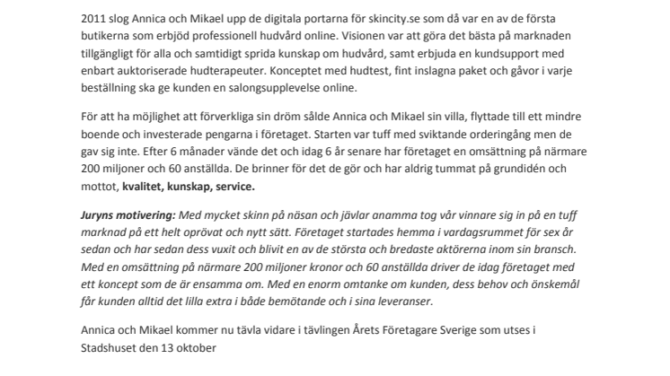 Annica Forsgren Kjellman och Mikael Kjellman, Skincity Sweden AB är Årets Företagare Stockholms län 2017
