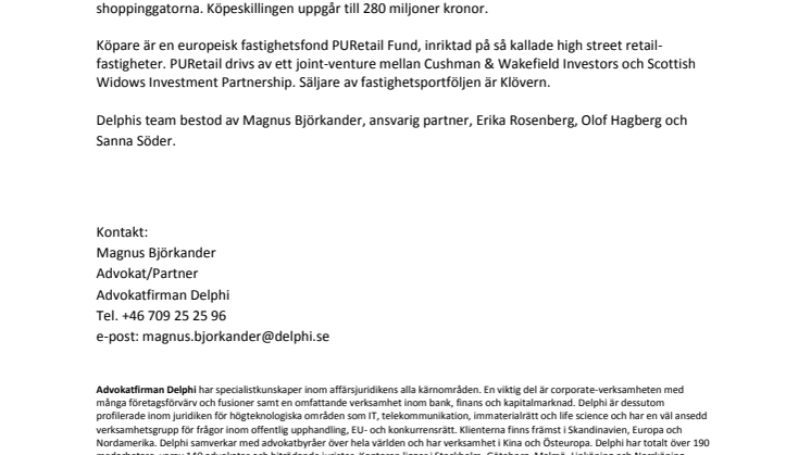 Delphi biträdde PURetail vid köpet av tre fastigheter i Linköping