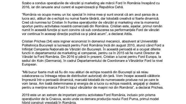Cristian Prichea preia conducerea Companiei Naționale de Vânzări a Ford în România