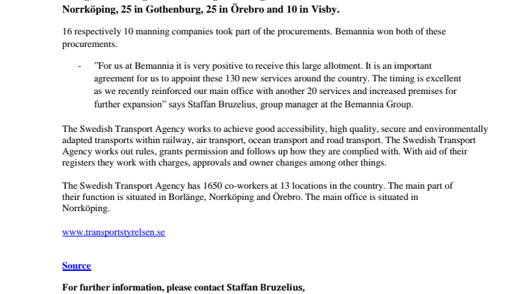 Bemannia appoints 130 services at the Swedish Transport Agency