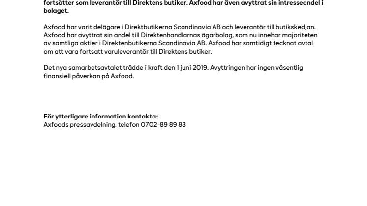 Axfood i nytt avtal med Direkten samt avyttrar sin intresseandel