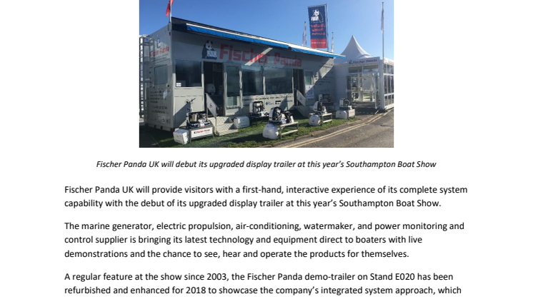 Upgraded Fischer Panda Display Trailer to Stage Live Complete System Demonstrations for Visitors at Southampton Boat Show