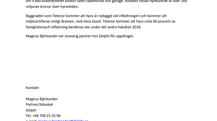 Delphi har biträtt Telenor Sverige vid hyresavtal med Fabege
