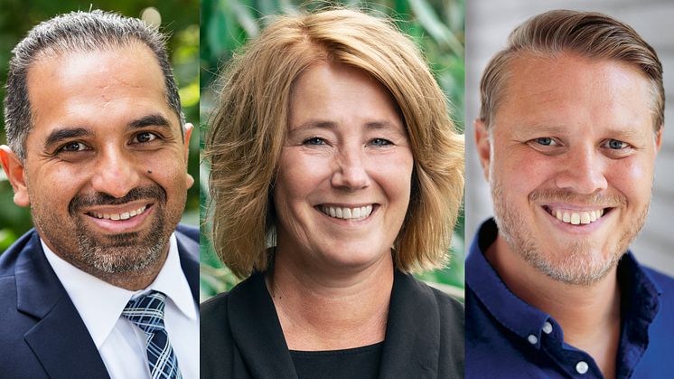Fr v Amir Chizari, CIO på Riksbyggen, Johanna Frelin, vd för Riksbyggen och Ludvig Emgård, vd på Spotscale.