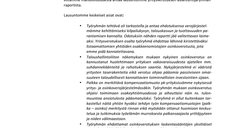 TAL Lausunto yritysverotuksen aiantuntijaryhmän raportista 31.3.2017