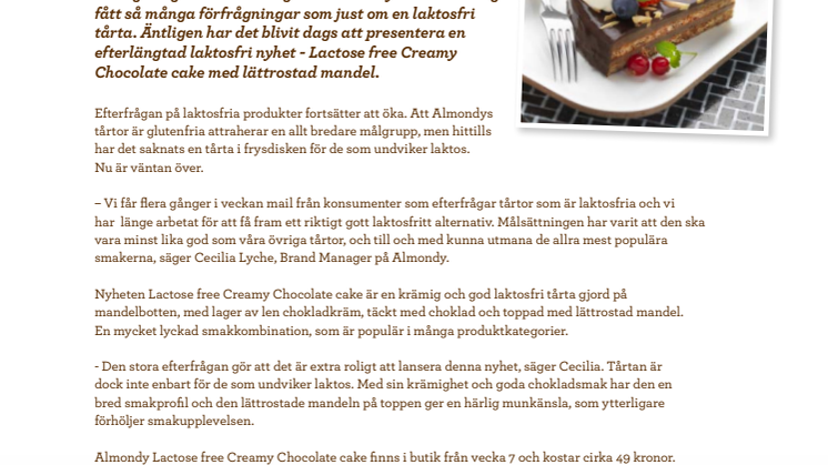 Almondy lanserar sin mest efterfrågade nyhet någonsin – en laktosfri tårta!