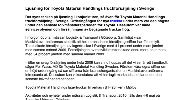 Ljusning för Toyota Material Handlings truckförsäljning i Sverige