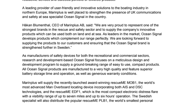 Ocean Signal:  Appoints Marinplus As Exclusive Distributor In Sweden   