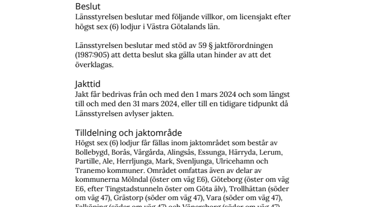 Beslut om licensjakt efter lodjur i Västra Götalands län 2024