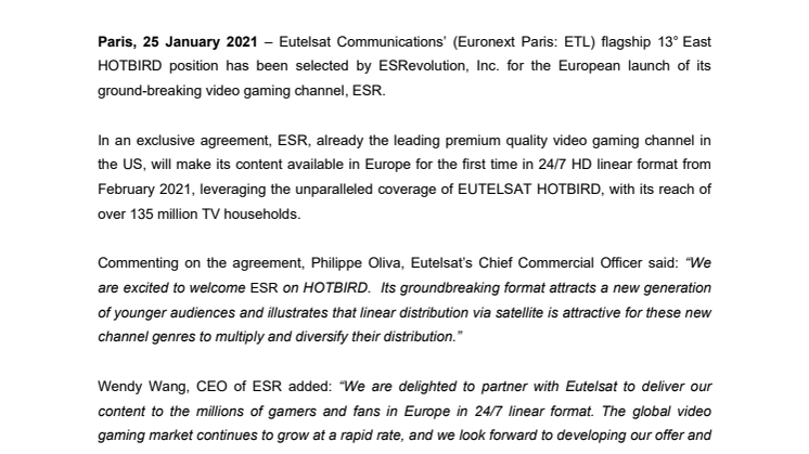 ​Eutelsat’s HOTBIRD neighborhood to launch ESR 24/7 Esports Network (ESR), the first 24/7 linear video gaming channel over Europe