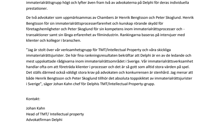 Delphis immaterialrättsgrupp rankas högt av Chambers även i år 