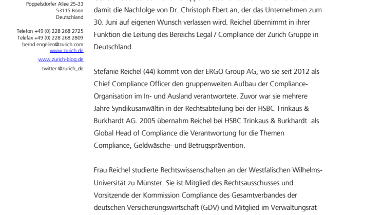 Stefanie Reichel wird General Counsel von Zurich Deutschland