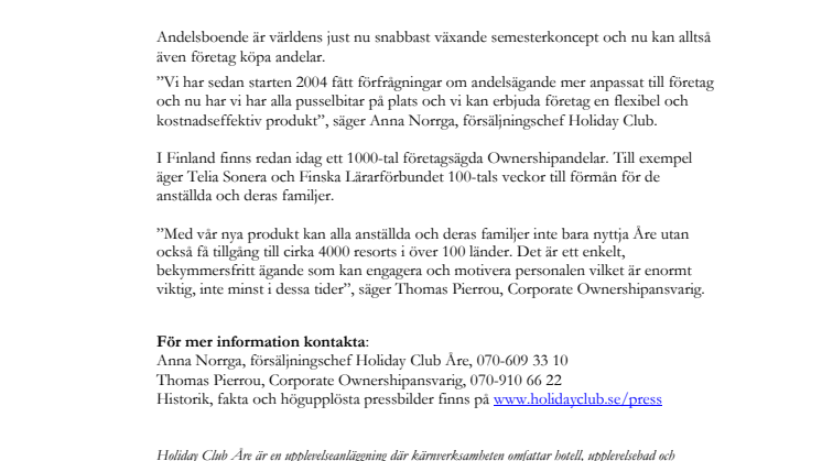 Ny produkt på Holiday Club - Ownership för företag