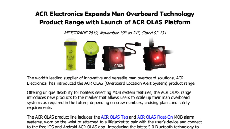 ACR Electronics Expands Man Overboard Technology Product Range with Launch of ACR OLAS Platform