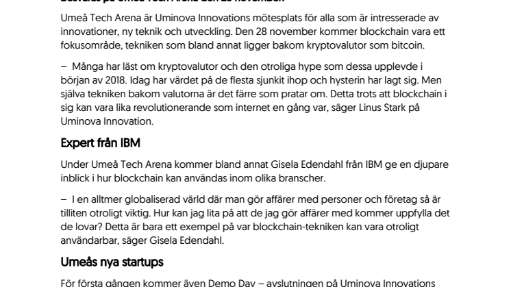 Umeå Tech Arena den 28 november ger sig på blockchain