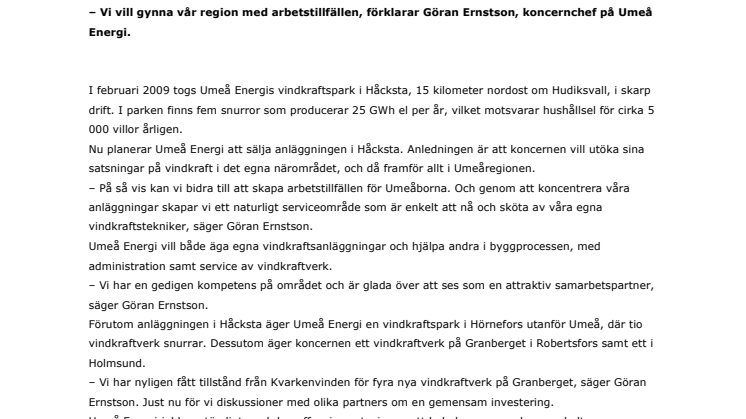 Umeå Energi säljer vindkraftspark – vill investera i Umeåregionen