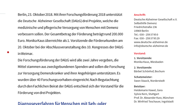 Für eine bessere Versorgung von Menschen mit Demenz - Deutsche Alzheimer Gesellschaft vergibt Forschungsförderung 