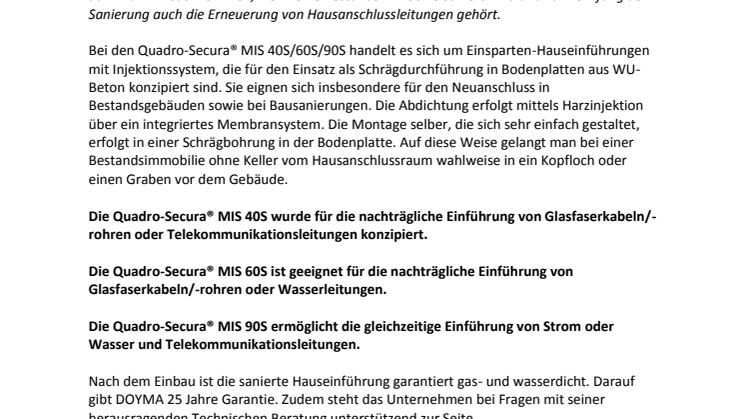 DOYMA-Pressemitteilung: Quadro-Secura® MIS 40S/60S/90S – DOYMA erweitert sein Hauseinführungs-Portfolio 
