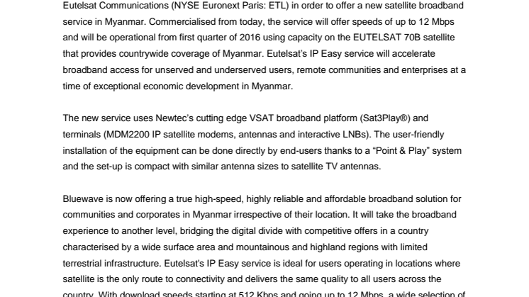 Bluewave selects Eutelsat’s IP Easy service for state-of-the-art, future-proof satellite broadband in Myanmar
